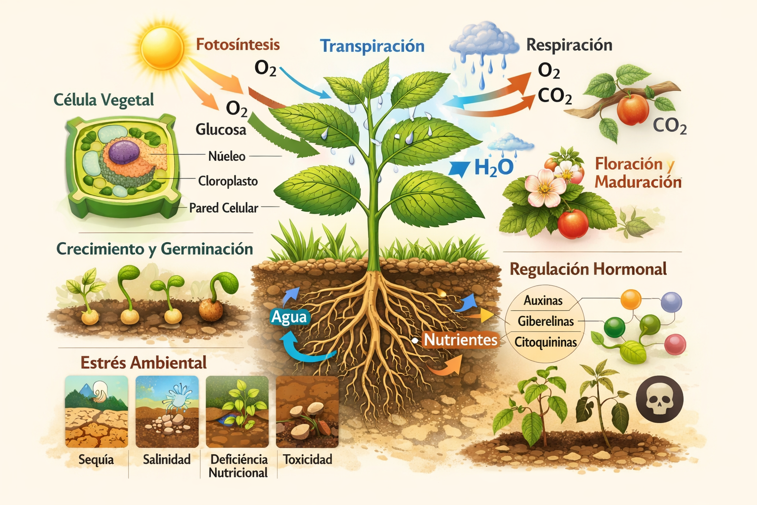 Una planta central con raíces, hojas y flores.
Procesos fisiológicos clave: fotosíntesis, respiración, transpiración, nutrición mineral, transporte de agua y nutrientes, regulación hormonal.
Secciones de crecimiento y desarrollo (germinación, floración, maduración).
Factores de estrés bióticos y abióticos (sequía, salinidad, deficiencias nutricionales, toxicidad).
Un recuadro de célula vegetal con sus principales organelos.